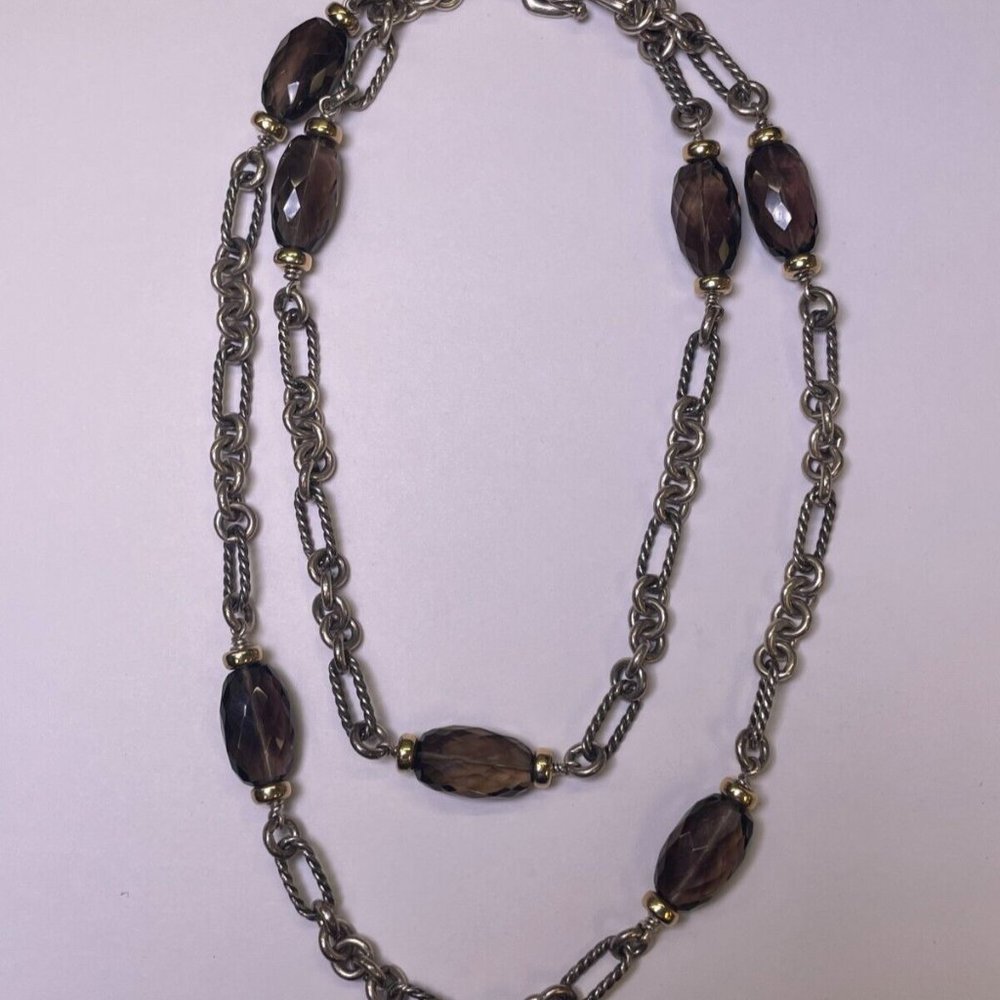 David Yurman Smoky Quartz 18K Sterling Silver Figaro Station 32" Necklace (R816)
